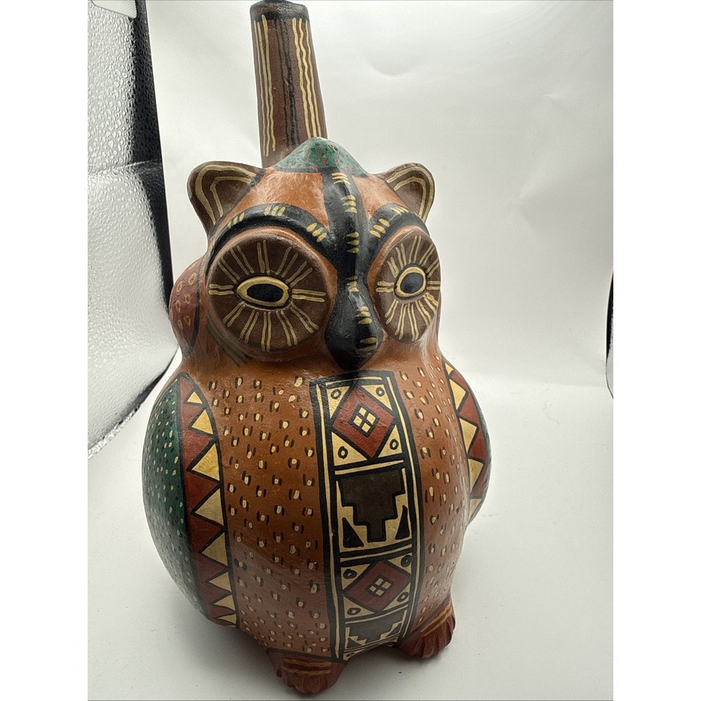 Vtg Peruvian Clay Pottery Owl Chicha Pitcher Hand Crafted Painted Folk Art Jug